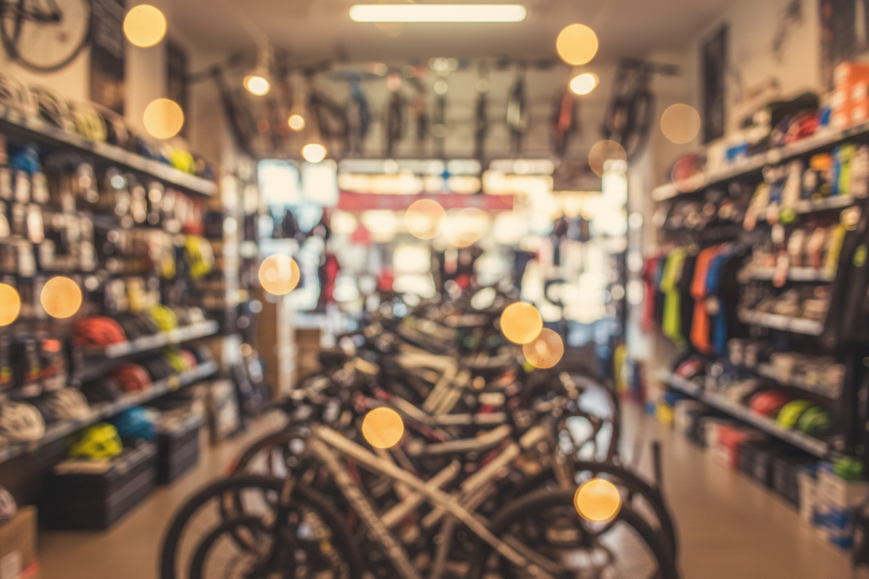 blurred image of a cycle shop interior filled with stock